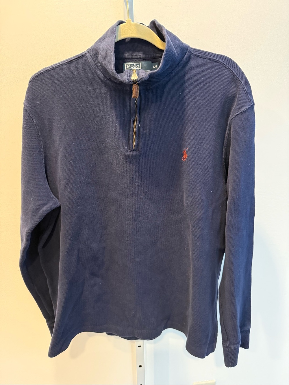 Vintage Polo by Ralph Lauren Navy Quarter-Zip Sweater Red Pony Size L Cotton